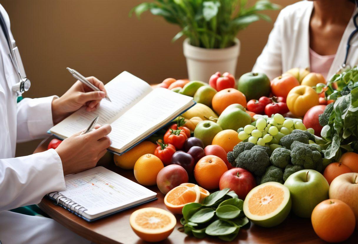 A serene scene depicting a healthcare professional consulting with a diverse group of patients, showcasing elements of nutrition such as fresh fruits and vegetables, alongside therapy tools like a journal and a cozy, calming space for emotional support. Incorporate warm colors and gentle lighting to evoke a sense of harmony and holistic well-being. super-realistic. vibrant colors. soft focus.