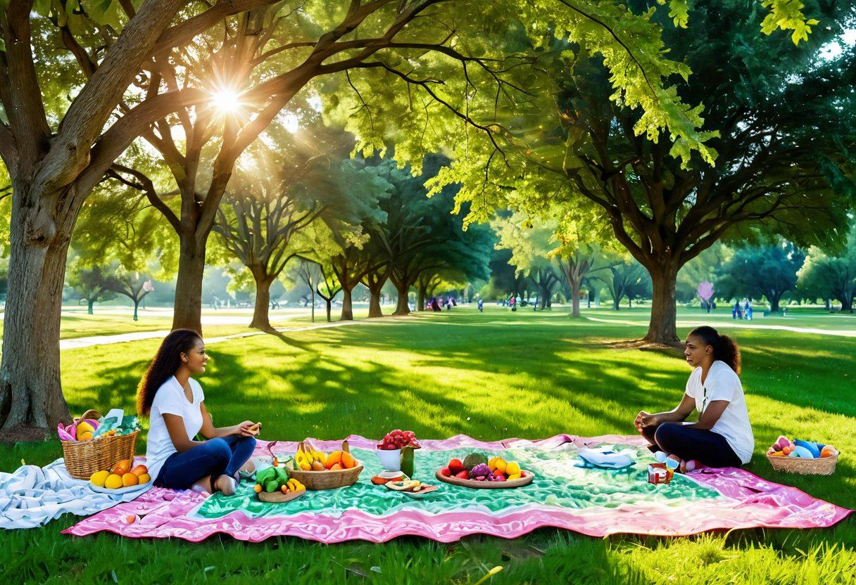 A serene path through a lush green park, symbolizing hope and healing, with diverse individuals coming together in a supportive circle, sharing stories and laughter. Include elements like colorful cancer awareness ribbons and healthy food options like fruits and vegetables placed on a picnic blanket. The sun shines brightly, casting warm light over the scene, representing positivity and empowerment. vibrant colors. super-realistic.