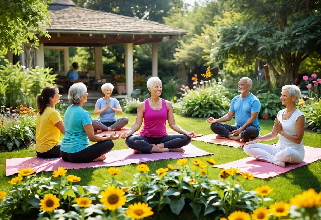 A serene landscape featuring a diverse group of cancer patients engaging in various activities promoting health and well-being: cooking nutritious meals, practicing gentle yoga, and enjoying supportive conversations in a vibrant garden setting. Incorporate symbols of hope like butterflies and sunflowers in the background. The overall tone should be uplifting and inspiring, showcasing a strong sense of community. super-realistic. vibrant colors. soft-focus.